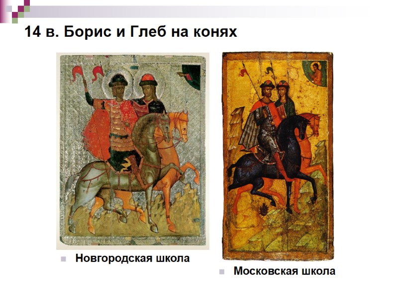 14 в. Борис и Глеб на конях Новгородская школа Московская школа 14 в. Борис и Глеб на конях Новгородская школа Московская школа